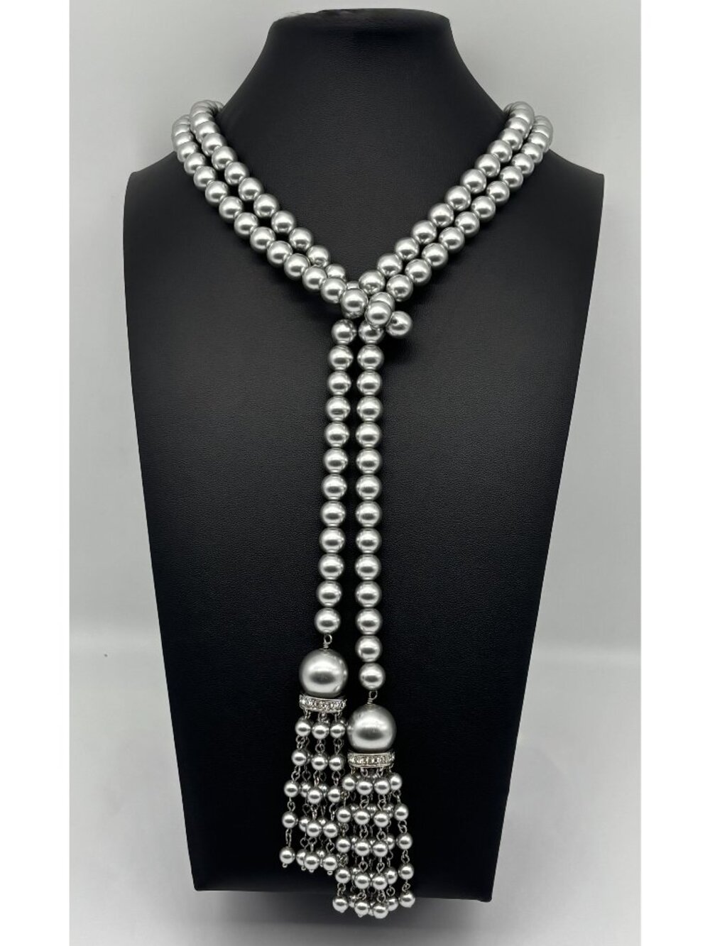 Faux Pearl and Crystal Lariat Necklace Belt Double Tassels Silvery Gray Unsigned